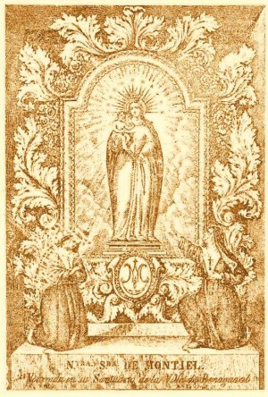 Grabado de la Virgen de Montiel, patrona de Benaguasil, Valencia (España).