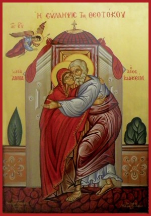 Icono ortodoxo griego en el que se representa a San Joaquín y Santa Ana dándose el abrazo en la Puerta Áurea.