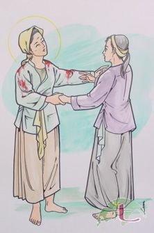 La Santa, con las ropas ensangrentadas, consuela a su hija Lucía en prisión. Ilustración contemporánea.
