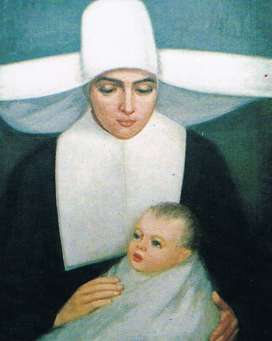 Estampa contemporánea de sor Josefa, portando en brazos uno de los niños de la Inclusa, donde cuidaba de los huérfanos.