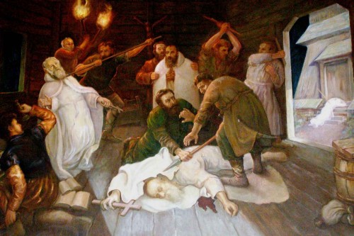 Martirio de los Santos. Pintura contemporánea en la abadía de Bieniszew (Polonia).