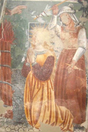 Martirio de la Beata. Fresco de Francesco Cagnola, ca. 1490-1510. Iglesia de San Martín de Engrevo, Bolzano (Italia).