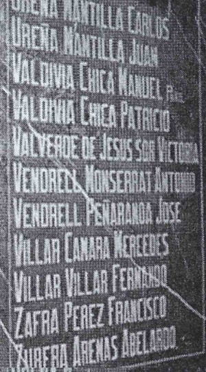 Lápida de los mártires de Martos. Destaca el nombre de la Beata. Iglesia de Nuestra Señora de la Villa, Martos (Jaén).