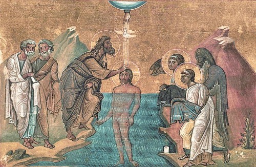 Bautismo de Cristo. Iluminación de Menologio de Basilio II (s. X). Biblioteca Apostolica Vaticana, Roma (Italia).