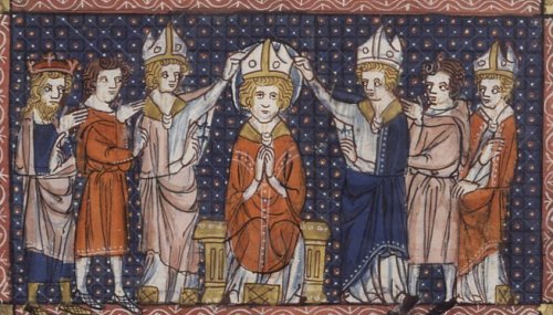 Consagración de San Hilario. Manuscrito de la Leyenda Áurea, siglo XIV. Henry E. Huntington Library and Art Gallery, San Marino, CA, USA).