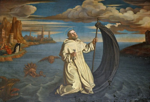 San Ramón atravesando el Mediterráneo desde Baleares a Barcelona – obra de Tomás Dolabella, conservada en el convento dominico de Cracovia (Polonia).