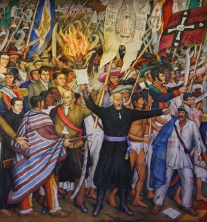 Miguel Hidalgo y las huestes insurgente con el estandarte de la Virgen de Guadalupe al inicio de la guerra de independencia, mural de Juan O'Gorman.