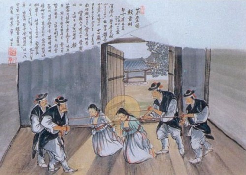 Martirio de las Santas, estranguladas con cuerdas. Ilustración perteneciente a la serie de los mártires coreanos.