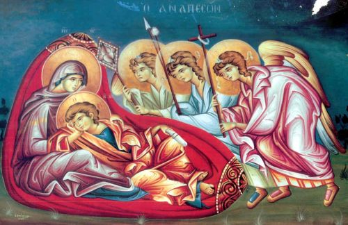 Los ángeles presentan los símbolos de la Pasión a Jesús Niño, reclinado en el regazo de María. Fresco ortodoxo griego.
