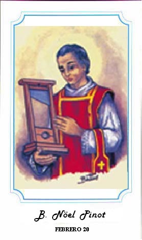 Estampa del Beato con su instrumento de martirio, la guillotina. Ilustración perteneciente a la serie de Alberto Boccali ("Bertino").