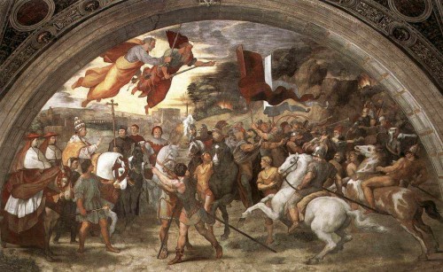 Encuentro entre el Santo y Atila, rey de los hunos. Fresco de Rafaello Sanzio en la Stanza de Heliodoro, Palacio Vaticano, Roma (Italia).