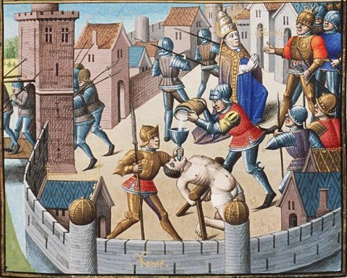 El Santo negociando con Genserico, rey de los vándalos. Miniatura de Jean de Vignay para el "Speculum Historiale".