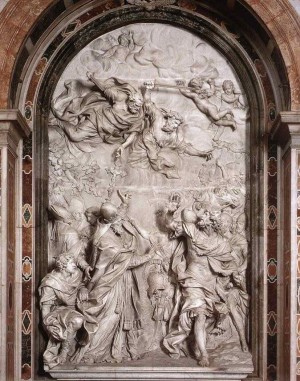 Encuentro entre el Santo y Atila, rey de los hunos. Relieve barroco de Alessandro Algardi (1646-56). Altar-sepulcro del Santo en la Basílica de San Pedro del Vaticano, Roma (Italia).