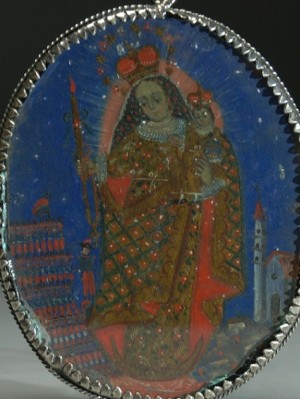 Medalla decimonónica pintada popularmente con el Patrocinio de la Virgen del Socavón sobre el ejército de Bolivia.