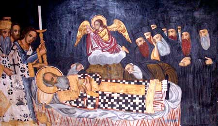 Sepelio del Santo. Fresco ortodoxo griego en su sepulcro del monasterio Dionysiou, monte Athos (Grecia).