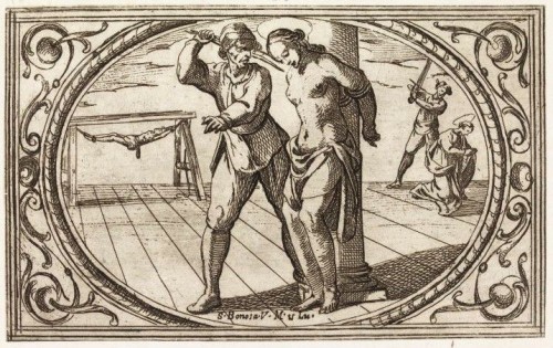 Martirio de Santa Bonosa. Grabado de Antonio Tempesta para "Istoria de molte sante vergini romane nel martirio", Istituto Nazionale dell'Arte Grafica, Roma (Italia).