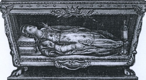 Grabado de la urna de Santa Bonosa tal cual está en la iglesia de Santa María de la Merced y San Adrián en Roma (Italia).