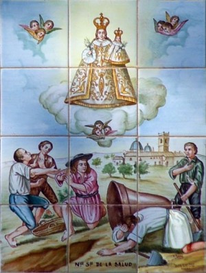 Cerámica votiva que representa la leyenda del hallazgo de la patrona de Xirivella. Font de la Penya, Olocau, Valencia (España).