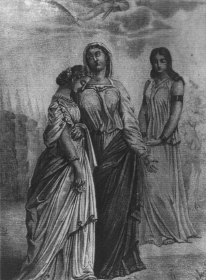 Grabado de las Santas Claudia, Hortensia y Agatoclia. Ésta última lleva brazaletes de esclava (dcha.)