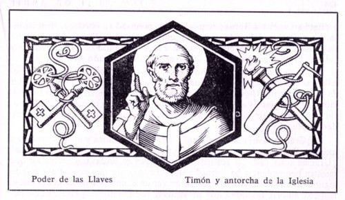 Ilustración y atributos del Santo, obra de J.M.B. Volumen "El Santo de Cada Día" editado por Edelvives, 1960.