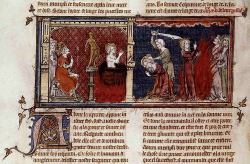 Martirio de las tres hermanas. Miniatura de Mahiet para el Speculum Historiale de Vincent de Beauvais (1330-1350). Biblioteca Nacional de Francia, París.