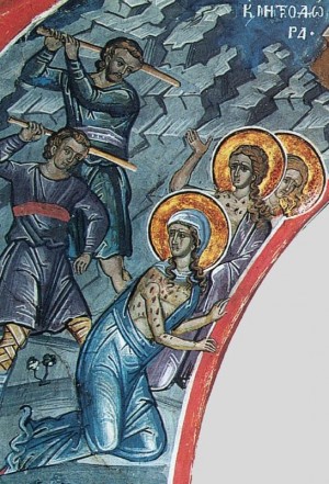 Detalle del martirio de las tres hermanas. Fresco ortodoxo griego en un monasterio del monte Athos (Grecia).