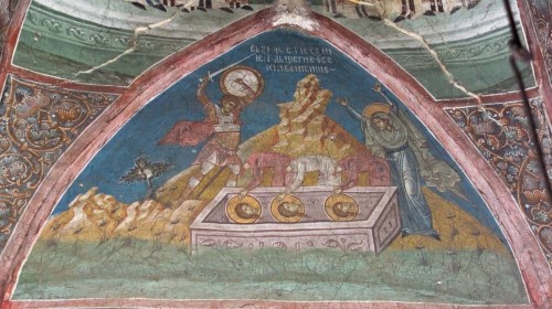Martirio de las tres hermanas. Santa Sofía alza los brazos en señal de lamentación. Fresco ortodoxo en el monasterio Decani (Serbia).