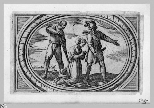 Martirio de la Santa. Grabado de Antonio Tempesta para "Istoria de molte vergini romane nel martirio", Istituto Nazionale dell'Arte Grafica, Roma (Italia).