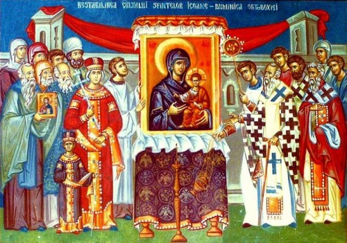 Icono correspondiente al Domingo de la Ortodoxia: la veneración de los sagrados iconos.