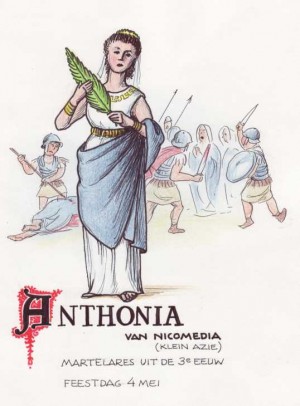 Ilustración de la Santa. En esta versión aparece como Antonia de Nicomedia y siendo ejecutada a espada. Fuente: http://www.heiligen-3s.nl