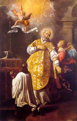 San Andres Avelino en su última misa, aparece revestido para la Santa Misa. Es asistido por un acólito revestido con sotana y sobrepelliz.