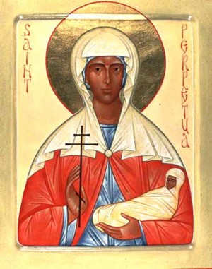 Icono ortodoxo contemporáneo de Santa Perpetua, mártir de Cartago, erróneamente representada como mujer de raza negra.