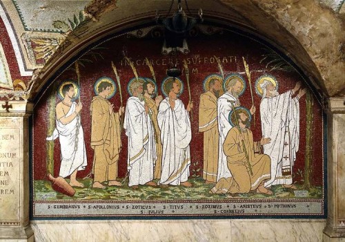 Relación de varones que murieron en la cárcel: de izqda. a dcha. Geminiano, Apolonio, Zótico, Julio, Tito, Zósimo, Cornelio, Aristeo y Potino. Cripta de Saint-Nizier, Lyon (Francia).