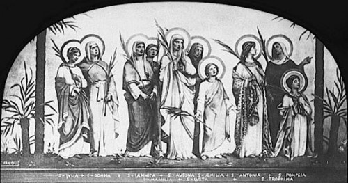Detalle de algunas mujeres del grupo: de izda. a dcha. Julia, Domna, Jamnica, Materna, Ausonia, Justa, Emilia, Antonia, Trófima y Pompeya. Cripta de San Potino, iglesia de Saint-Nizier, Lyon (Francia).