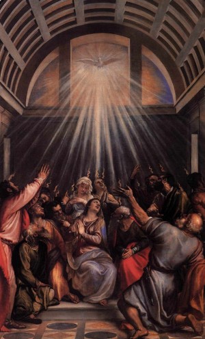 "Pentecostés", óleo de Tiziano Veccellio (1545). Iglesia de Santa Maria della Salute, Venezia (Italia).