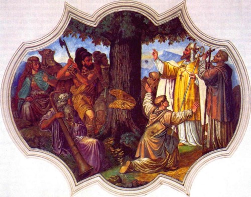 El Santo manda cortar una encina sagrada para los germanos. Fresco del techo en una iglesia alemana.