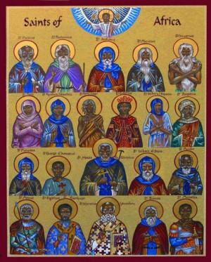 Icono ortodoxo contemporáneo que representa a algunos Santos africanos, erróneamente, como personas de raza negra.