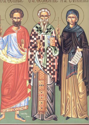 Sinaxis de los santos Teonas obispo, Teopentos y Apolinaria, celebrados el 5 de enero.