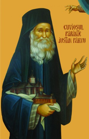 Icono ortodoxo rumano del padre Iustin Pârvu con sus monasterios de Petru Vodă y Paltin, fundados por él.