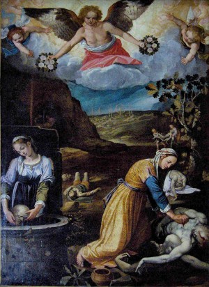 Las Santas recogiendo los cuerpos de los mártires. Lienzo de Paolo Rossetti (1621). Iglesia de Santa Pudenciana, Roma (Italia).