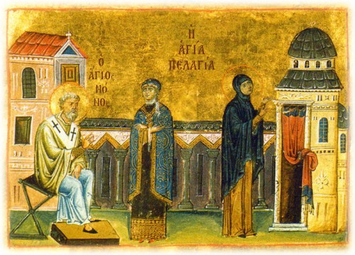 San Nonno convierte a Santa Pelagia. Iluminación del Menologio de Basilio II. Biblioteca Apostólica Vaticana, Roma (Italia).
