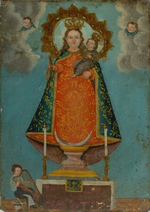 Óleo de hechura popular que representa a la Virgen de los Remedios, óleo/lámina, anónimo mexicano, siglo XIX.