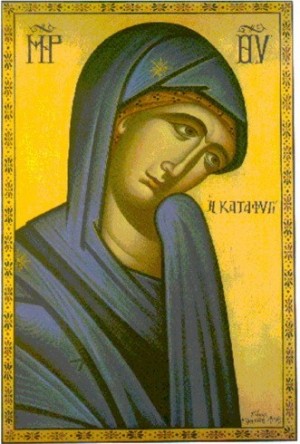 Icono ortodoxo griego de la Virgen Katafgi ("el Refugio"), donde aparece orando con el brazo cubierto por su velo.