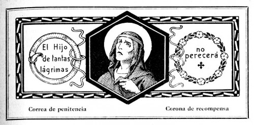 Membrete de la Santa con la frase de San Agustín. Ilustración de JMB para "El Santo de Cada Día", editado por Edelvives (1960).