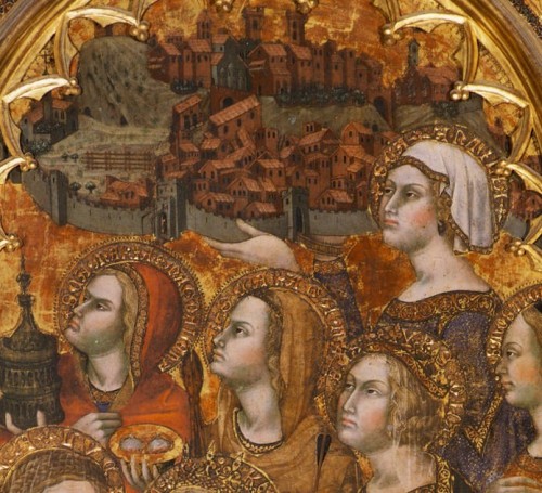 Santa Antilia consagrando la ciudad de Montepulciano a la Virgen. Detalle del tríptico de Taddeo di Bartolo, catedral de Montepulciano (Italia).