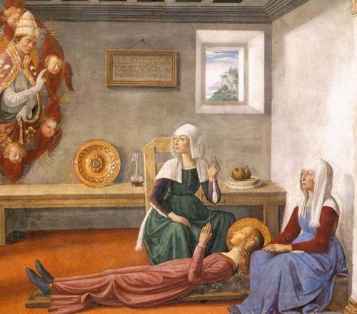 Anuncio de la muerte a Santa Fina. Fresco de Domenico Ghirlandaio, Capilla de la Santa en la colegiata San Gimignano, Italia.