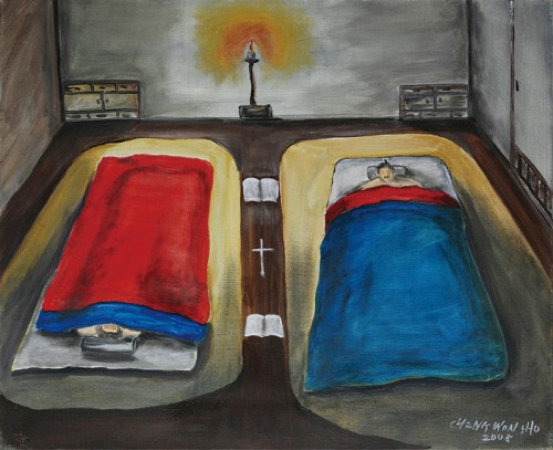 Los Beatos Juan y Lutgarda durmiendo en futones separados por la Biblia y un crucifijo, y con la luz encendida, para evitar tentaciones carnales. Ilustración contemporánea.