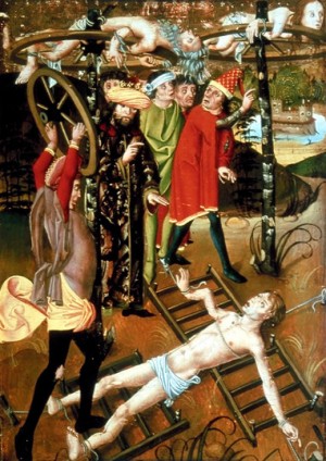 Los Santos torturados con ruedas. Tabla del Maestro del Martirio de los Apóstoles (1485-95). Museo Keresztény, Esztergom (Hungría).