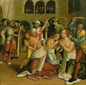 Los Santos son azotados. Tabla de Fernández García (1530), Museo Carlos Machado, Ponta Delgada, Azores (Portugal).