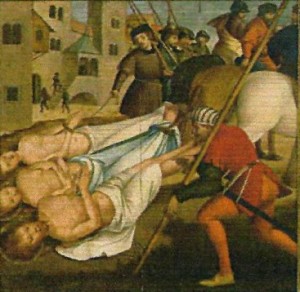 Los Santos son arrastrados por caballos. Tabla de Fernández García (1530), Museo Carlos Machado, Ponta Delgada, Azores (Portugal).